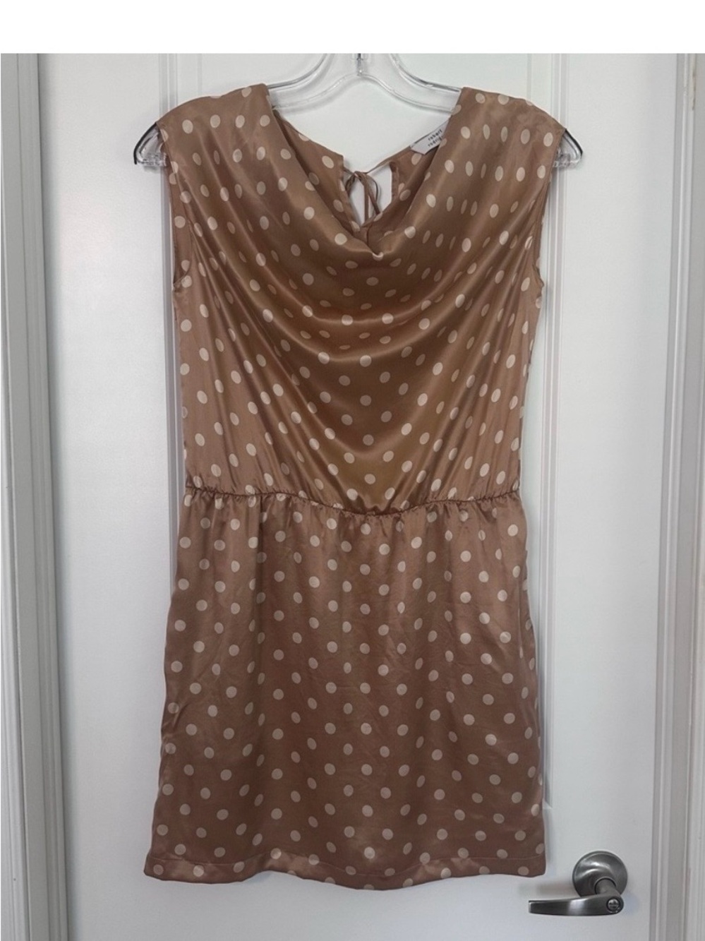 Robert Rodriguez 100% Silk Polka Dot Draped Cowl Neck Mini Dress Mocha/Cream